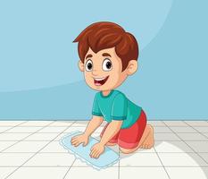 niño pequeño de dibujos animados trapeando el piso vector