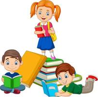Happy school children with stack of book vector