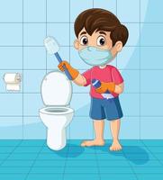 niño pequeño de dibujos animados limpiando el baño vector