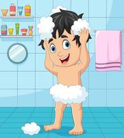 niño pequeño de dibujos animados tomando un baño