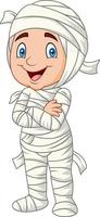 Cartoon kid wearing mummy costume isolated on white background