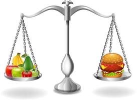 Cartoon fruits and hamburger balance on the scale vector
