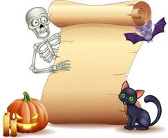 Halloween sign with skeleton, bat, pumpkin and black cat vector