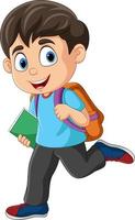 niño pequeño de dibujos animados con mochila y libro corriendo vector