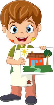 Cartoon little boy drawing house on paper