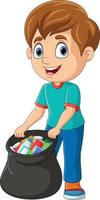 Cartoon boy gathering bottles into garbage bag vector