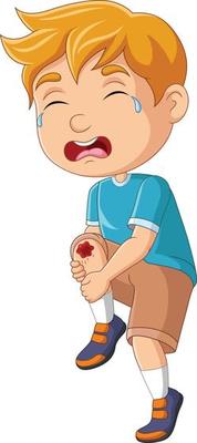 Cartoon little boy crying with scraped knee