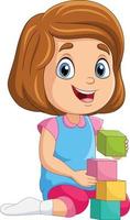 Cartoon little girl playing with building blocks vector