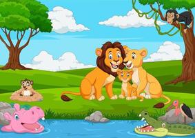 Cartoon lion family in the jungle vector