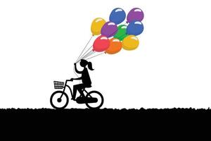bicicleta vectorial con globos. la niña vectorial monta en bicicleta sosteniendo globos coloridos en la mano a través del paisaje natural.