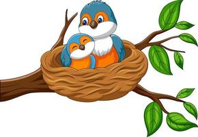 Cartoon mother bird with her baby in the nest vector