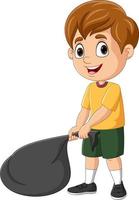 niño pequeño de dibujos animados arrastrando una bolsa de plástico negra vector