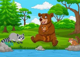 Cartoon brown bear family in the forest vector