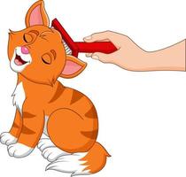 Cartoon hand brushing cat with a comb vector