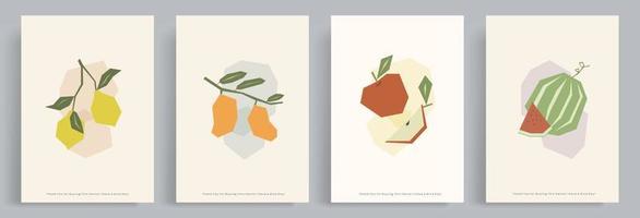 4 sets of natural geometric minimalist vector backgrounds. Lemons, mangoes, apples, watermelons. Boho style and natural retro vintage colours. Suitable for poster, decoration, social media, banner,add