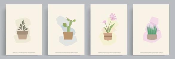 4 conjuntos de fondos vectoriales geométricos minimalistas naturales. plantas ornamentales en macetas con estilo boho y colores retro vintage naturales. adecuado para afiches, decoración, redes sociales, banner, publicidad. vector