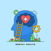 Mental health medical psychology treatment visual concept. big head with love heart inside brain on fertile land vector illustration