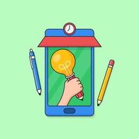 Hand holding light bulb lamp on smartphone screen with student tools vector illustration for creative school lesson online learning application