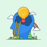 Creative brainstorming idea with full imagination visual concept design. big head with light bulb inside and cloud rainbow on fertile plant vector illustration
