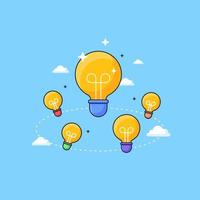 multiple idea team work brainstorming visual concept design with light bulb and cloud vector illustration