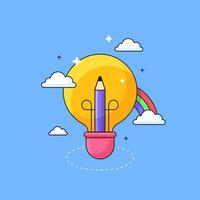 pencil inside light bulb and cloud rainbow for kids creative imagination visual concept vector illustration