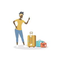 mujer negra con su equipaje listo para irse de vacaciones con un fondo blanco aislado. vector