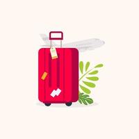 Luggage with plants in the airport and a plane. vector