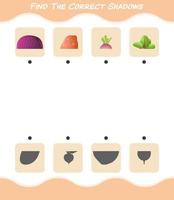 encuentra las sombras correctas de las verduras de dibujos animados. juego de búsqueda y combinación. juego educativo para niños y niños pequeños en edad preescolar vector