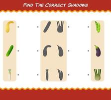 encuentra las sombras correctas de las verduras de dibujos animados. juego de búsqueda y combinación. juego educativo para niños y niños pequeños en edad preescolar vector