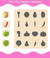 encuentra las sombras correctas de las verduras de dibujos animados. juego de búsqueda y combinación. juego educativo para niños y niños pequeños en edad preescolar vector