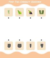 encuentra las sombras correctas de las verduras de dibujos animados. juego de búsqueda y combinación. juego educativo para niños y niños pequeños en edad preescolar vector