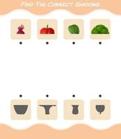 encuentra las sombras correctas de las verduras de dibujos animados. juego de búsqueda y combinación. juego educativo para niños y niños pequeños en edad preescolar vector