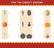 encuentra las sombras correctas de las verduras de dibujos animados. juego de búsqueda y combinación. juego educativo para niños y niños pequeños en edad preescolar vector