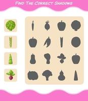 encuentra las sombras correctas de las verduras de dibujos animados. juego de búsqueda y combinación. juego educativo para niños y niños pequeños en edad preescolar vector