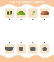 encuentra las sombras correctas de las verduras de dibujos animados. juego de búsqueda y combinación. juego educativo para niños y niños pequeños en edad preescolar vector