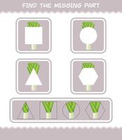 Match cartoon leek parts. Matching game. Educational game for pre shool years kids and toddlers vector