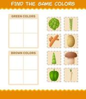 encontrar los mismos colores de las verduras. juego de búsqueda y emparejamiento. juego educativo para niños y niños pequeños en edad preescolar vector