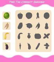 encuentra las sombras correctas de las verduras de dibujos animados. juego de búsqueda y combinación. juego educativo para niños y niños pequeños en edad preescolar vector