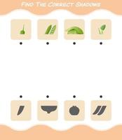 encuentra las sombras correctas de las verduras de dibujos animados. juego de búsqueda y combinación. juego educativo para niños y niños pequeños en edad preescolar vector