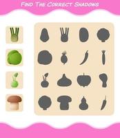 encuentra las sombras correctas de las verduras de dibujos animados. juego de búsqueda y combinación. juego educativo para niños y niños pequeños en edad preescolar vector