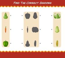 encuentra las sombras correctas de las verduras de dibujos animados. juego de búsqueda y combinación. juego educativo para niños y niños pequeños en edad preescolar vector