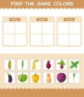 encontrar los mismos colores de las verduras. juego de búsqueda y emparejamiento. juego educativo para niños y niños pequeños en edad preescolar vector