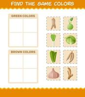 encontrar los mismos colores de las verduras. juego de búsqueda y emparejamiento. juego educativo para niños y niños pequeños en edad preescolar vector