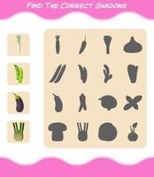 Find the correct shadows of cartoon vegetables. Searching and Matching game. Educational game for pre shool years kids and toddlers vector