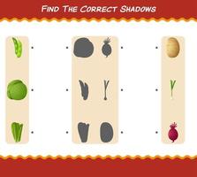 encuentra las sombras correctas de las verduras de dibujos animados. juego de búsqueda y combinación. juego educativo para niños y niños pequeños en edad preescolar vector