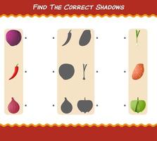 encuentra las sombras correctas de las verduras de dibujos animados. juego de búsqueda y combinación. juego educativo para niños y niños pequeños en edad preescolar vector