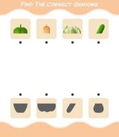 encuentra las sombras correctas de las verduras de dibujos animados. juego de búsqueda y combinación. juego educativo para niños y niños pequeños en edad preescolar vector