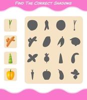 encuentra las sombras correctas de las verduras de dibujos animados. juego de búsqueda y combinación. juego educativo para niños y niños pequeños en edad preescolar vector