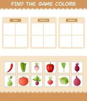 Find the same colors of vegetables. Searching and Matching game. Educational game for pre shool years kids and toddlers vector