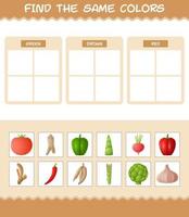 encontrar los mismos colores de las verduras. juego de búsqueda y emparejamiento. juego educativo para niños y niños pequeños en edad preescolar vector